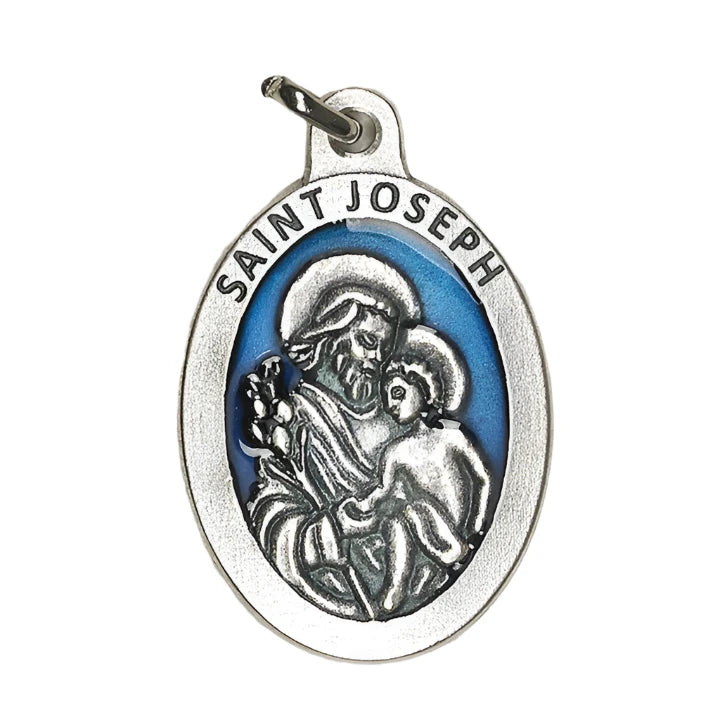 OXIDIZED ITALIAN MEDAL: BLUE ENAMELED: ST. JOSEPH