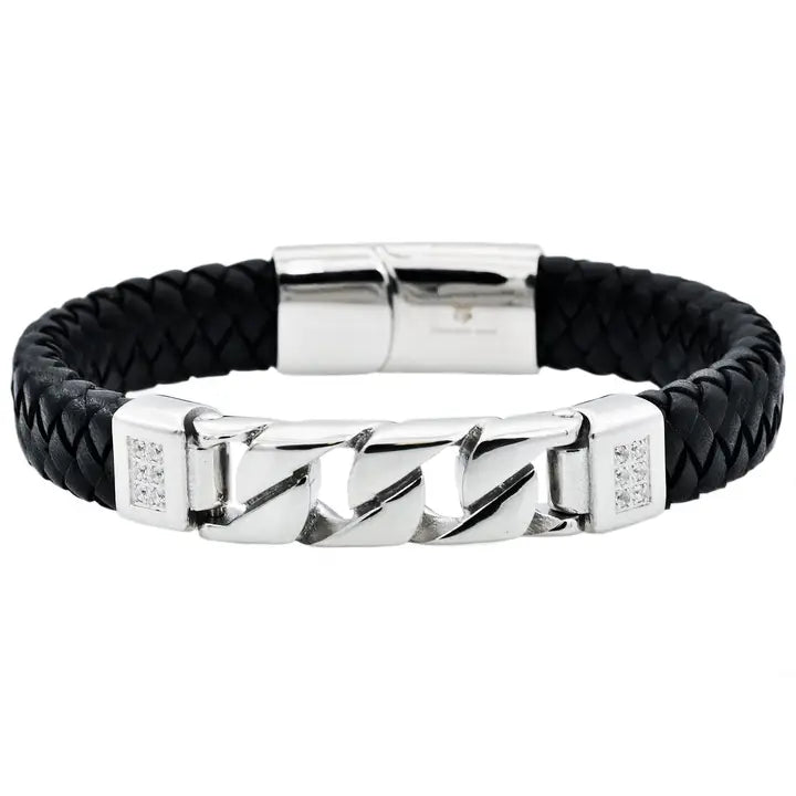 Men's Black Leather and Stainless Steel Imitation Curb Link