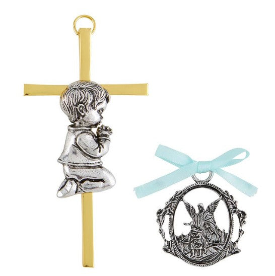 BLUE GUARDIAN ANGEL BOY CRIB MEDAL & WALL CROSS SET