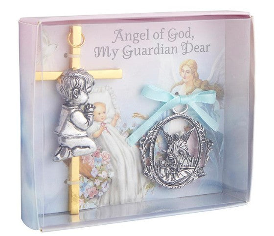 BLUE GUARDIAN ANGEL BOY CRIB MEDAL & WALL CROSS SET