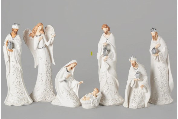 NATIVITY WHITE W/PEARL LEAF PATTERN- 7 PIECE SET