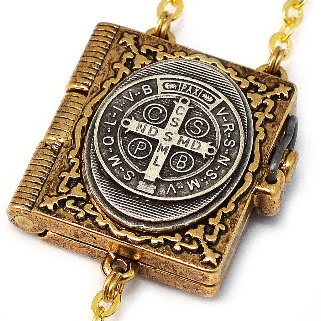 St Benedict Booklet Rosary W/Italian Wood Beads & Gold