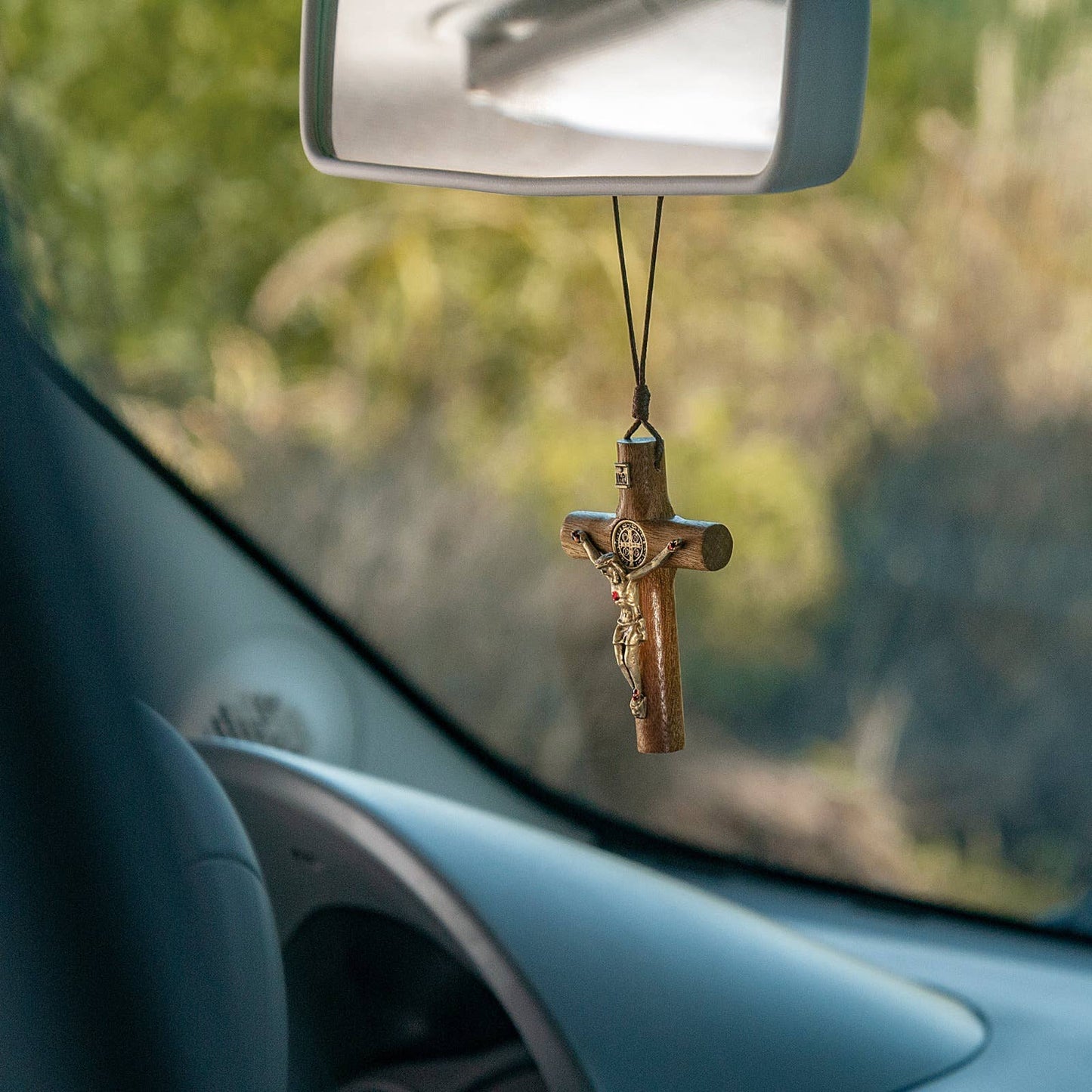 AUTO DEVOTIONAL: ST. BENEDICT WOODEN REARVIEW MIRROR CROSS
