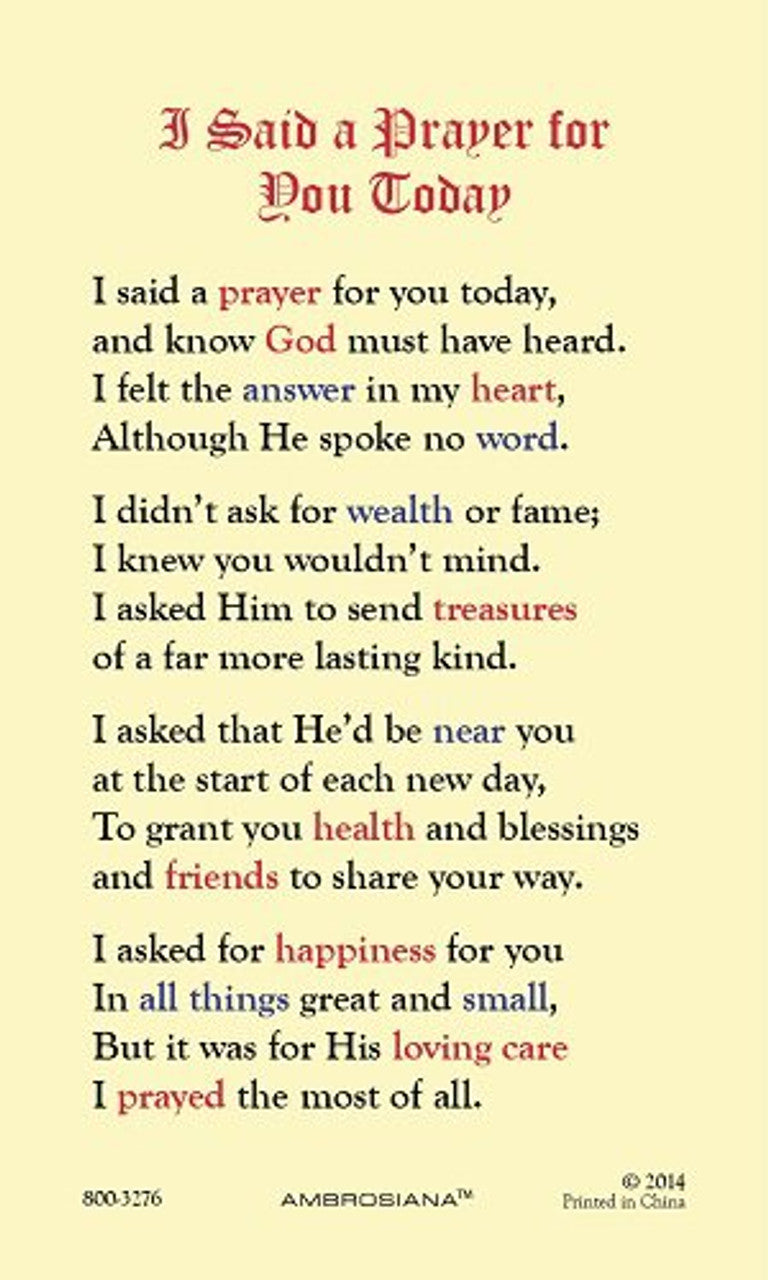 I SAID A PRAYER FOR YOU TODAY HOLY CARD