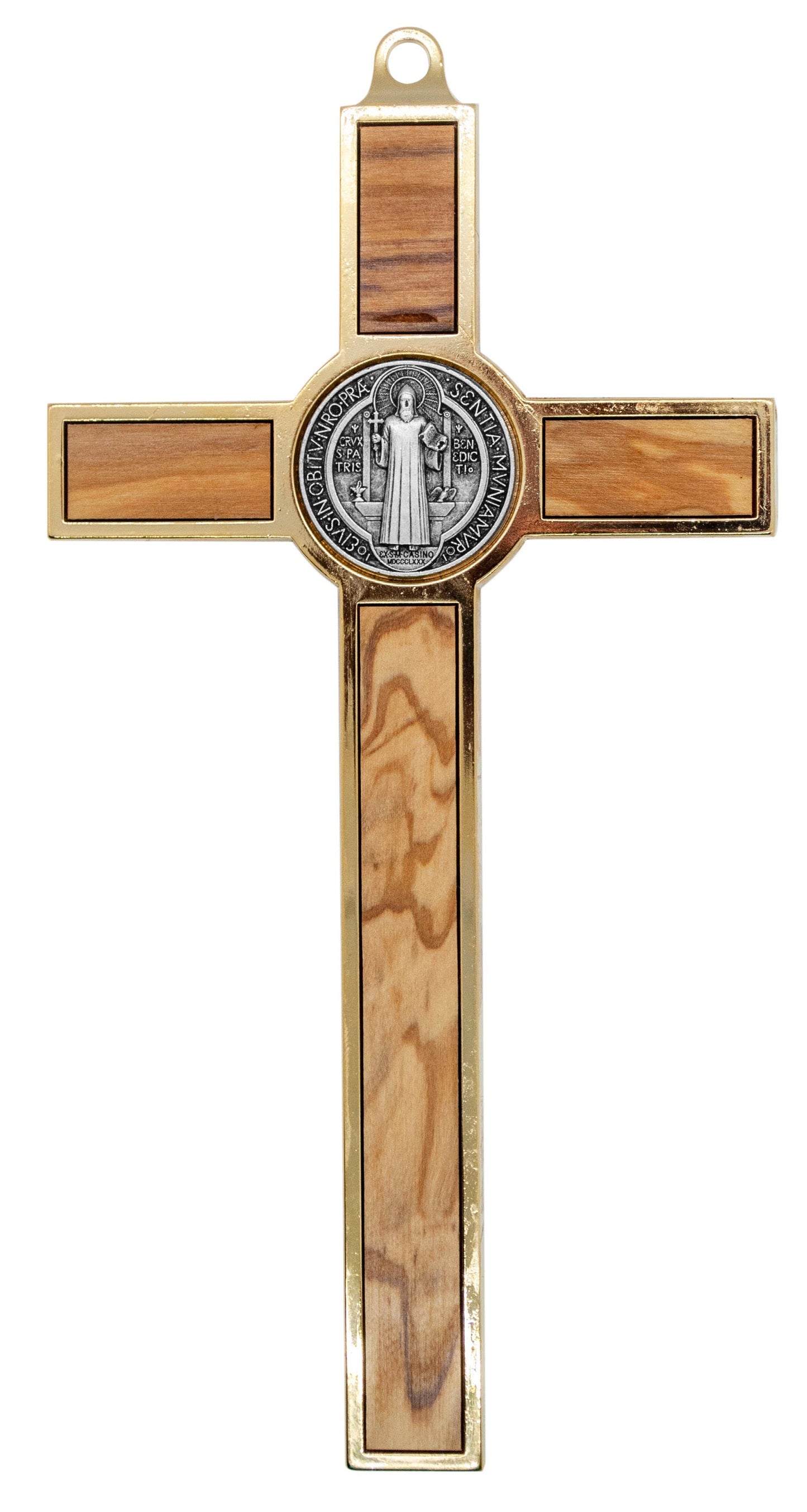 8" ST. BENEDICT WALL CRUCIFIX W/ OLIVE WOOD INLAYS