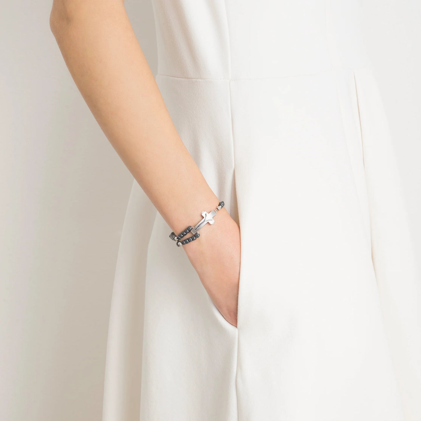 ROSALET® SQUARE MATTE HEMATITE BEADS, STERLING SILVER & ROUND PATER, MODERN
