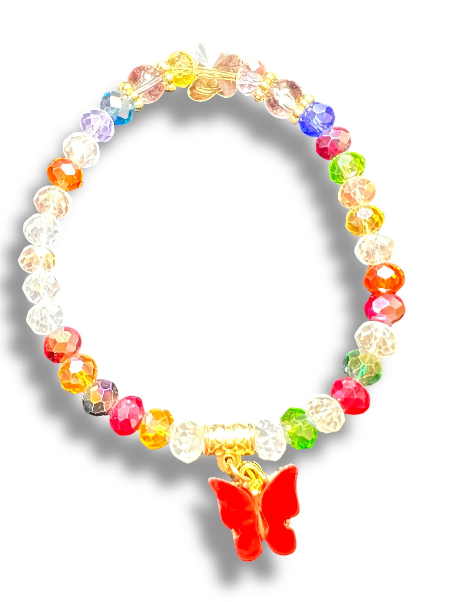 BRACELET: ASSORTED COLORED GLASS WITH BUTTERFLY CHARM