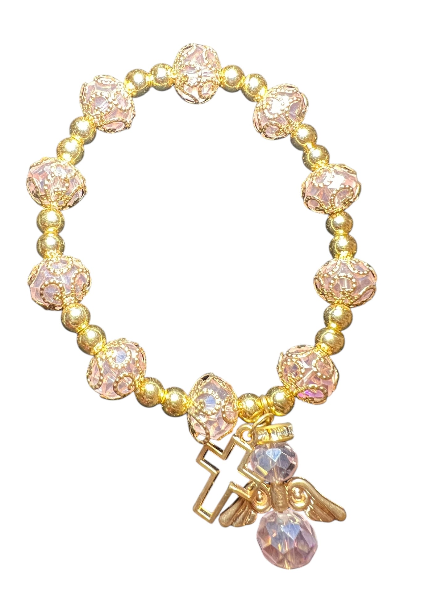 PULSERA: VIDRIO CON TAPA Y DIJES DE ÁNGEL Y CRUZ DE PLATA