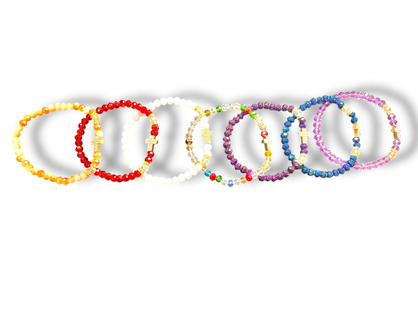 BRACELET: ASSORTED COLORED GLASS WITH CROSS CHARM