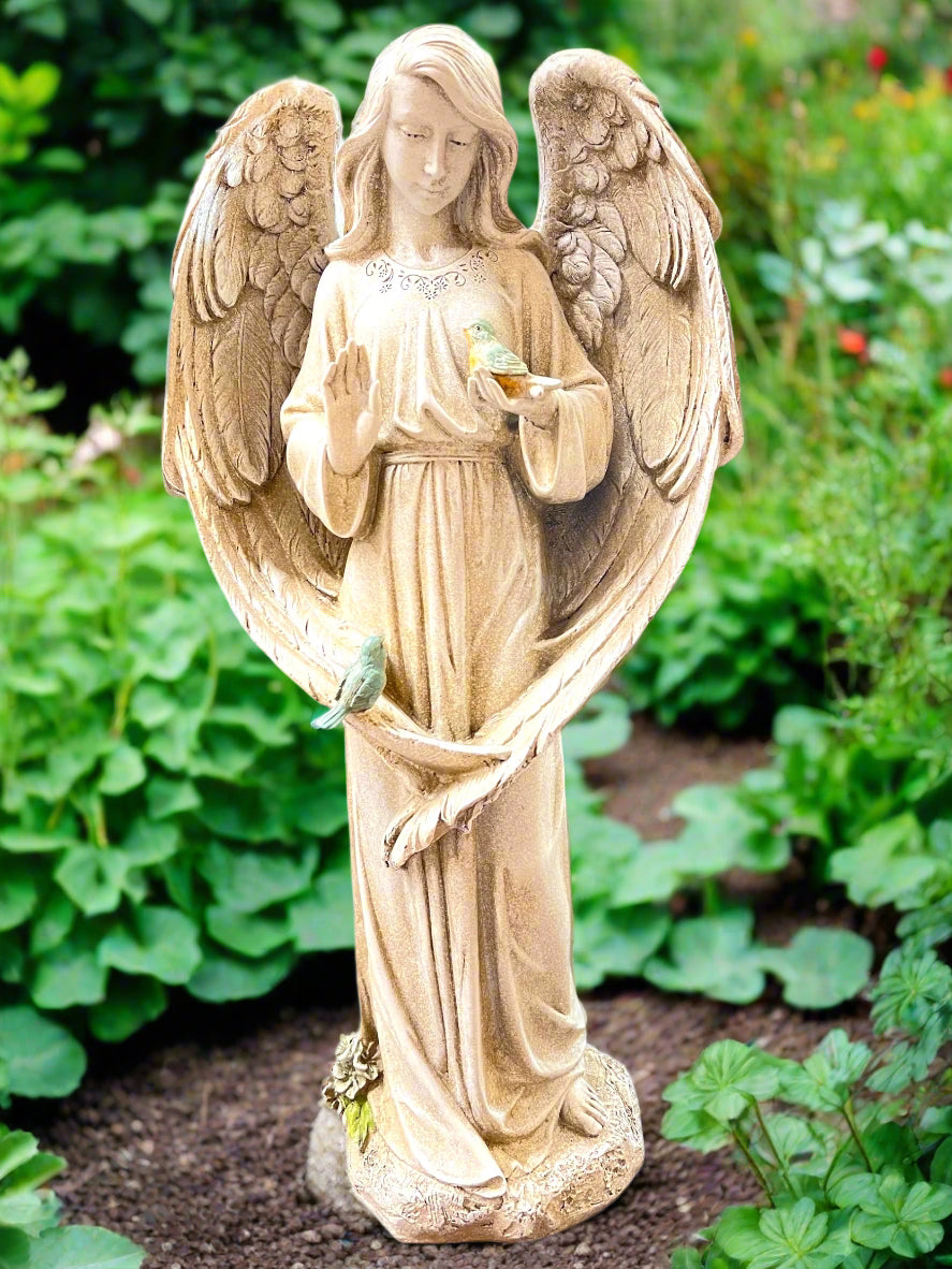 20"H ANGEL WITH TWO BIRDS GARDEN STATUE