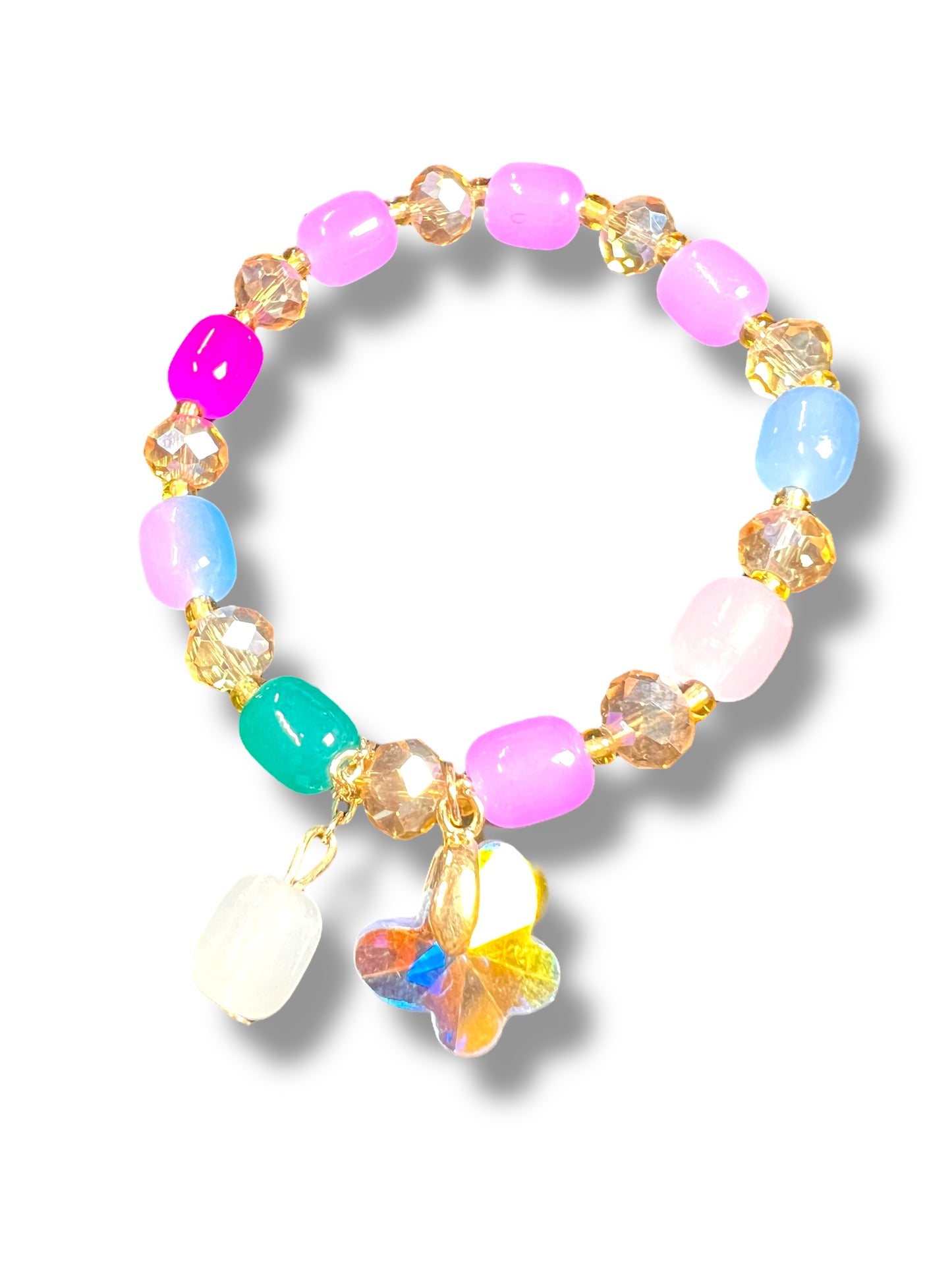 BRACELET: COLOR GLASS WITH FINE GLASS BUTTERFLY CHARM