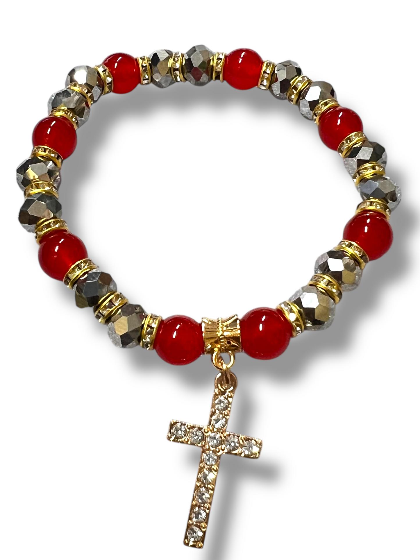 BRACELET: ASSORTED COLORS GLASS WITH RHINESTONE CROSS