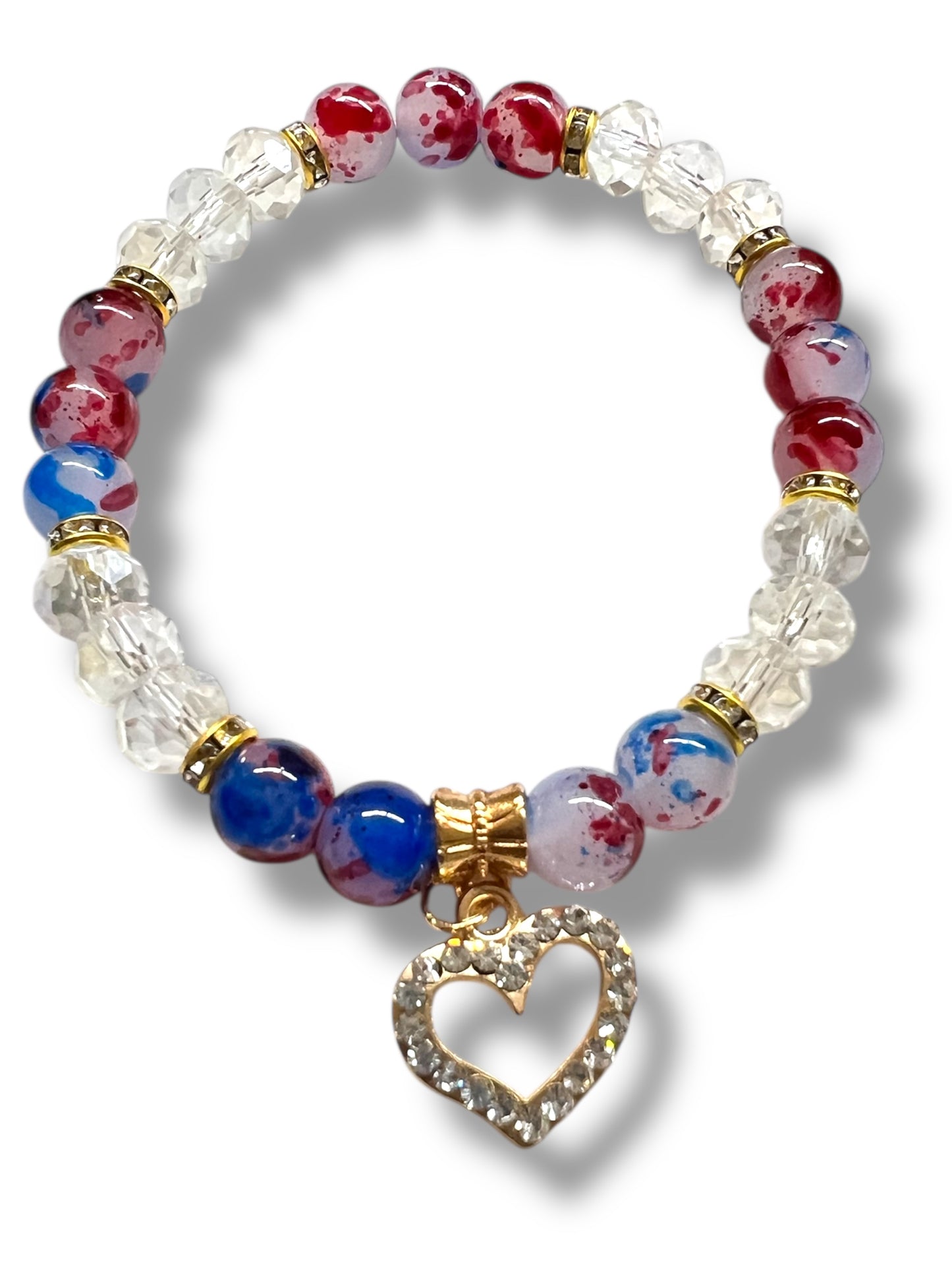 BRACELET: MARBLED COLOR GLASS W/ HEART CHARM