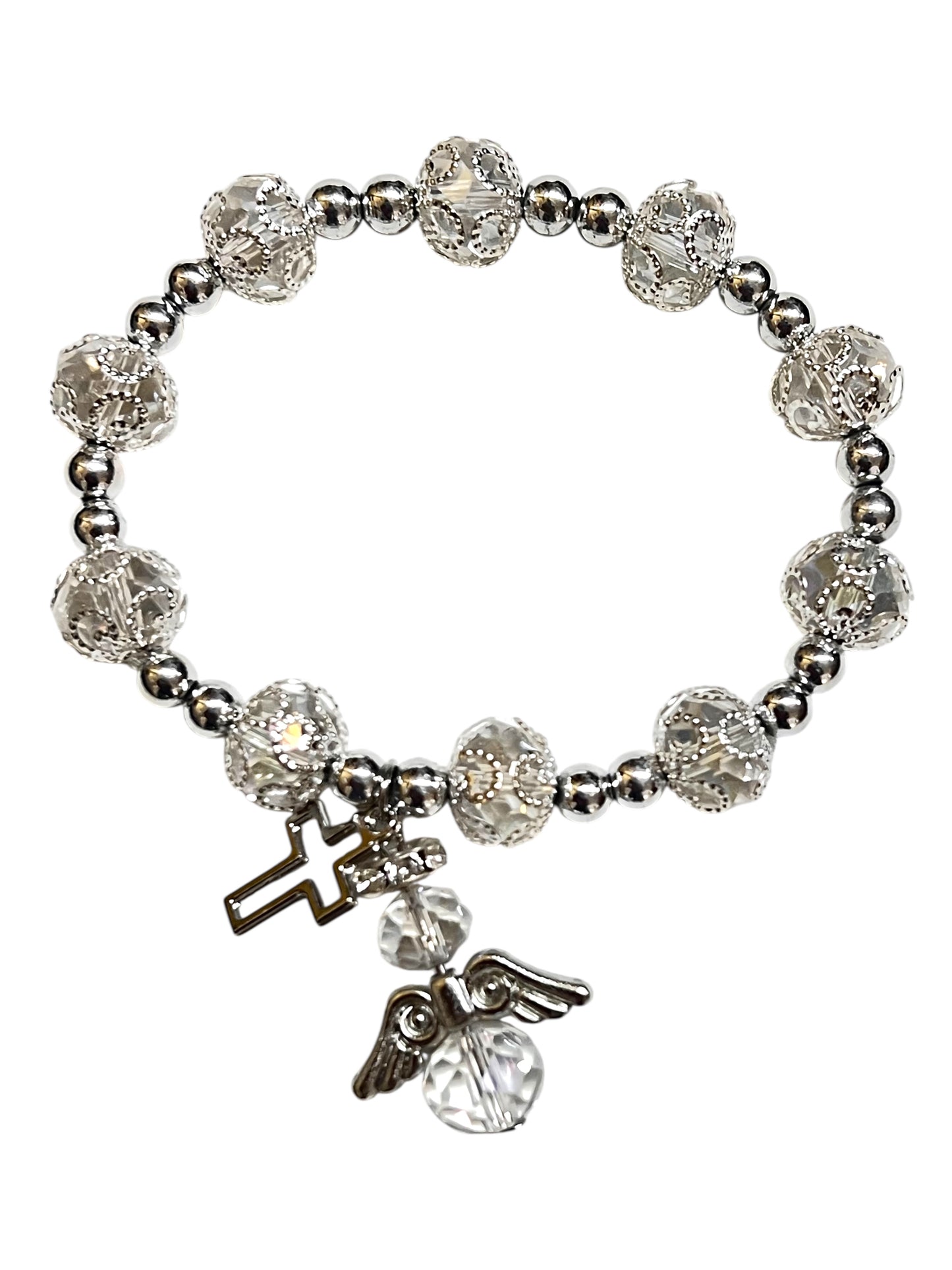 BRACELET: CAPPED GLASS WITH ANGEL & CROSS CHARMS