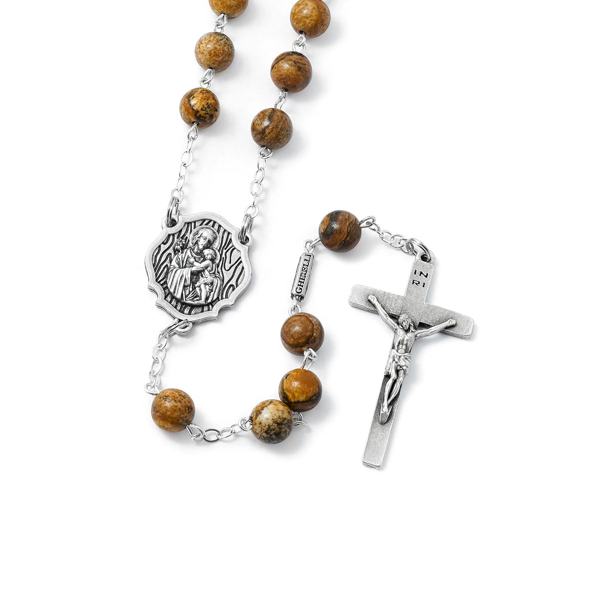 St. Joseph Rosary Antique Silver With. Natural Jasper Stone