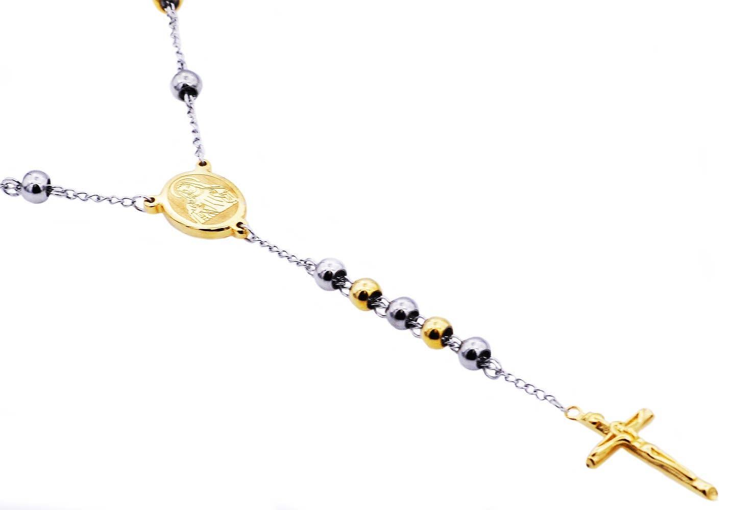 MEN'S TWO-TONE GOLD STAINLESS STEEL ROSARY NECKLACE