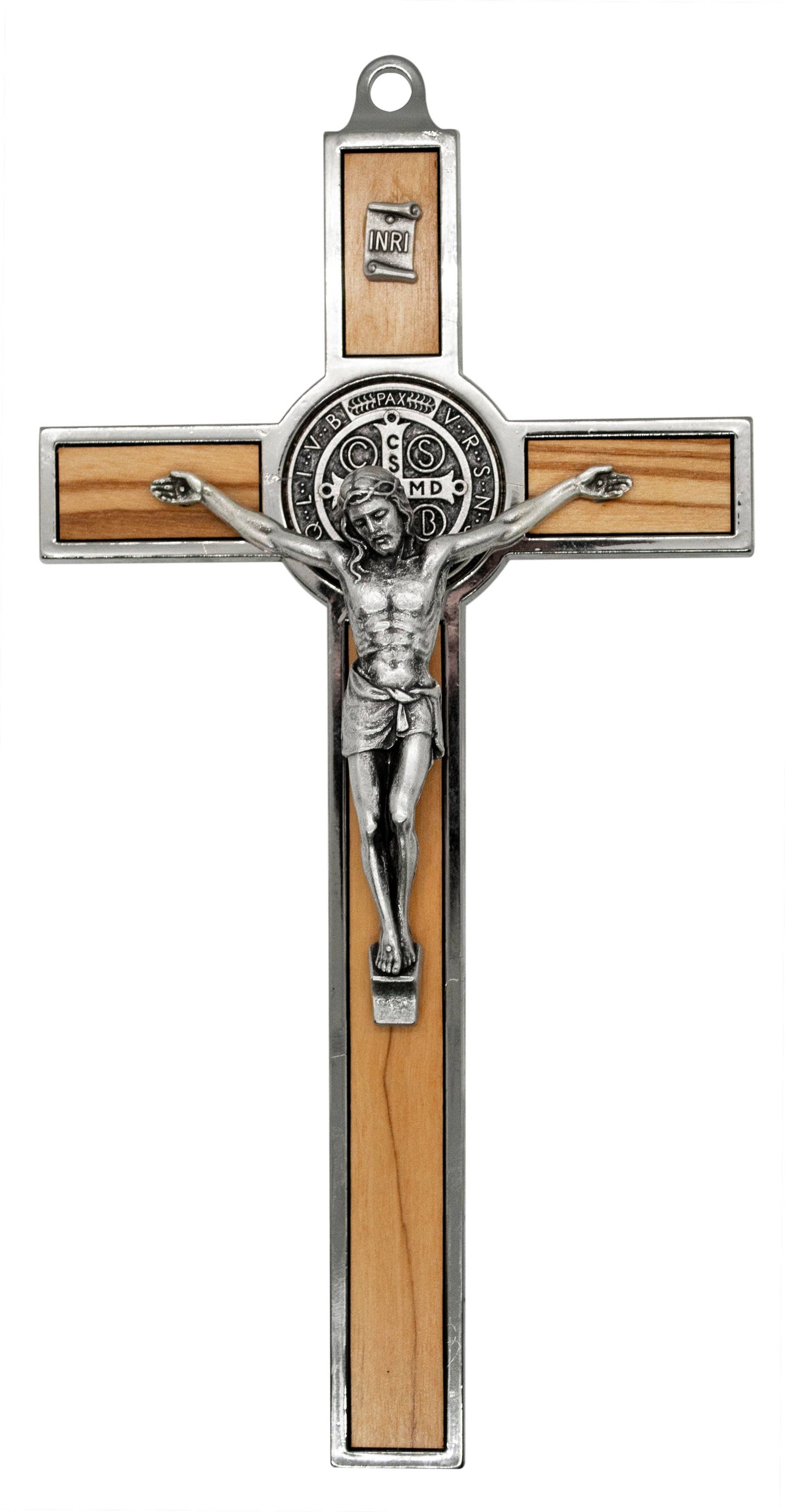 8" ST. BENEDICT WALL CRUCIFIX W/ OLIVE WOOD INLAYS