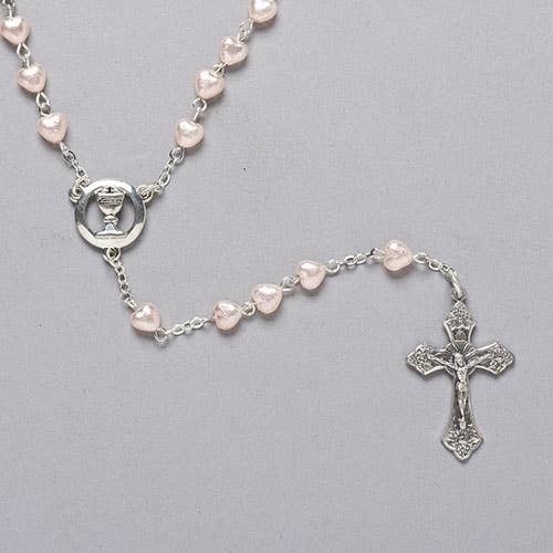 COMMUNION HEART PEARL ROSARY IN GREY VELVET BOX