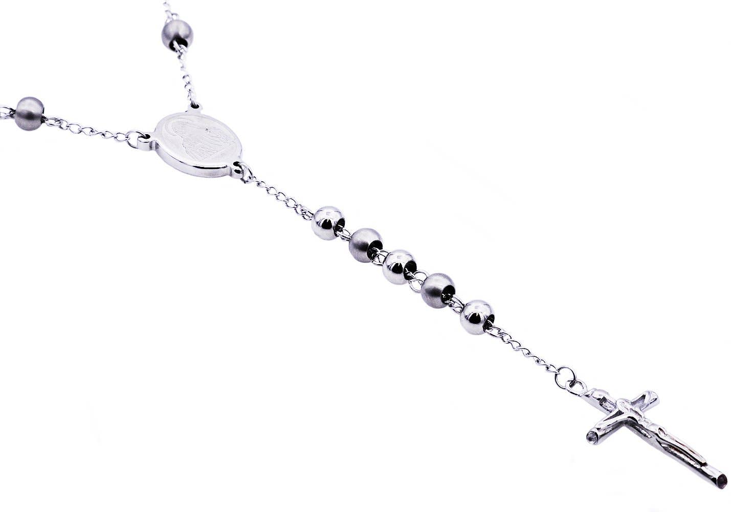 MEN'S BRUSHED & POLISHED STAINLESS STEEL ROSARY NECKLACE