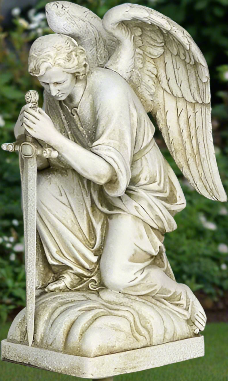 KNEELING ANGEL WITH SWORD GARDEN STATUE
