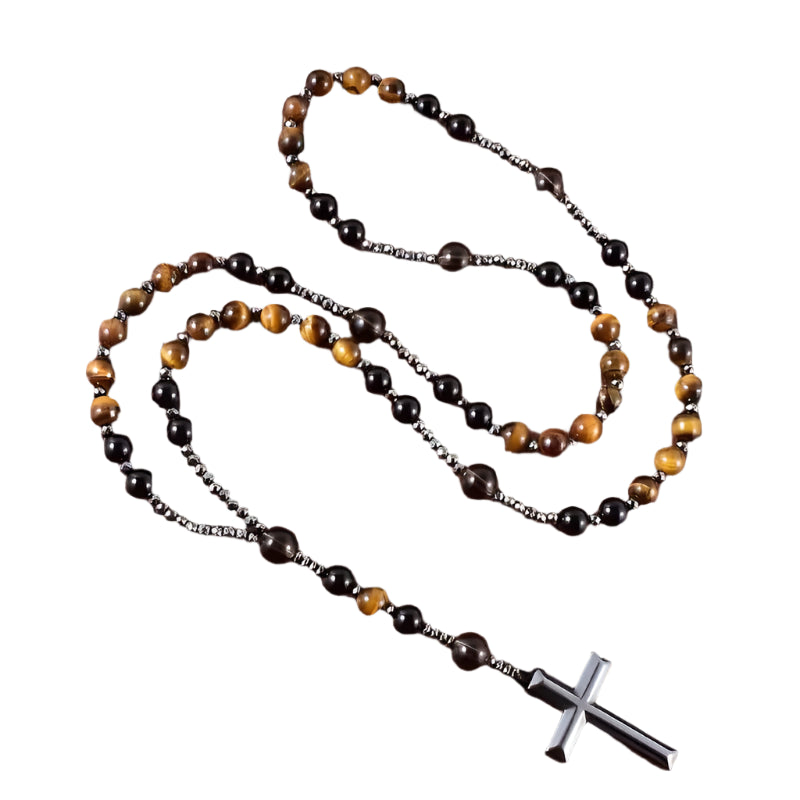 NATURAL STONE TIGER EYE ROUND BEADS HEMATITE CROSS ROSARY