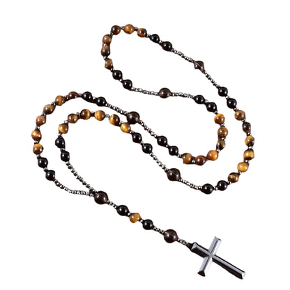 NATURAL STONE TIGER EYE ROUND BEADS HEMATITE CROSS ROSARY