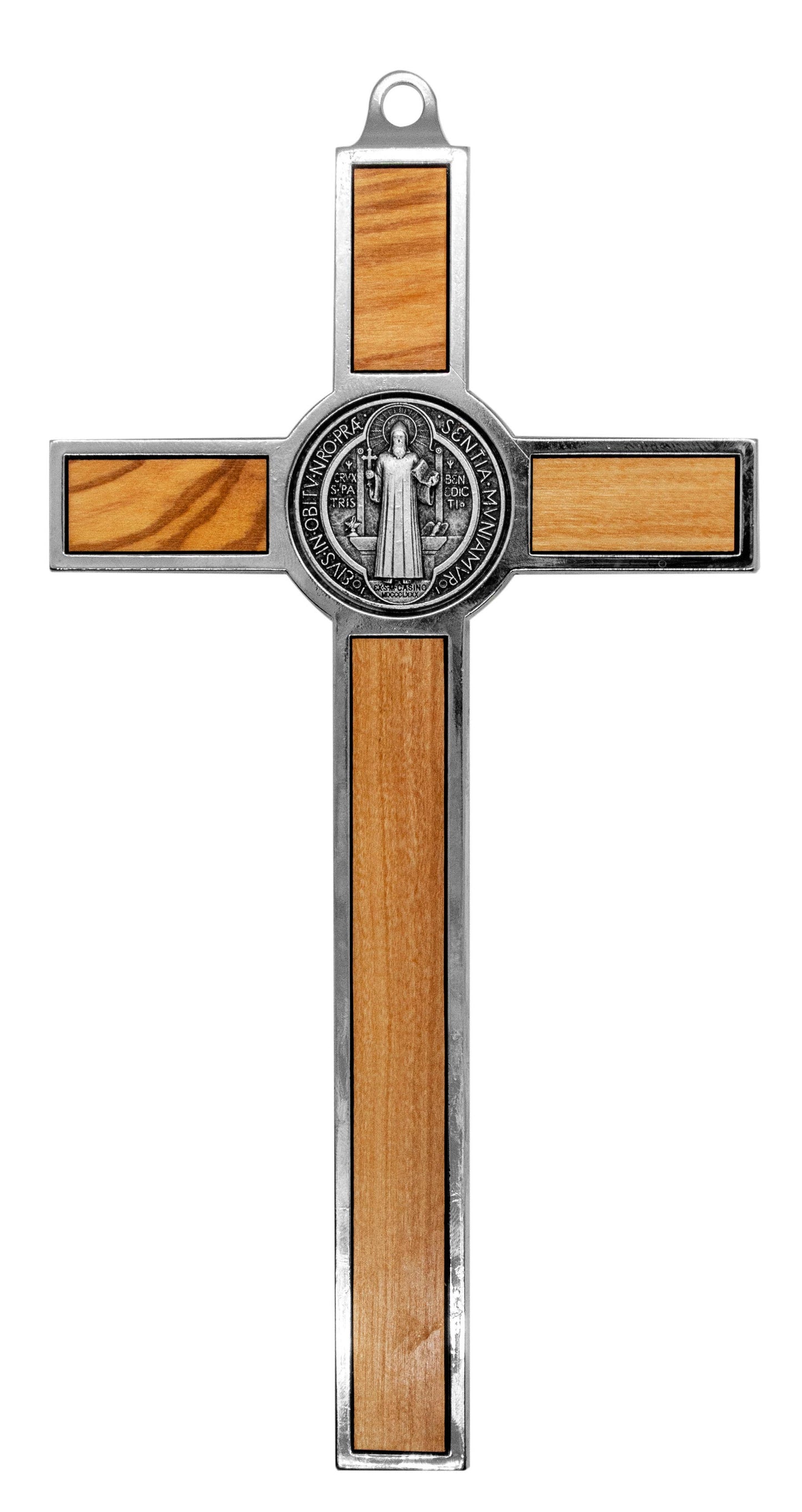 8" ST. BENEDICT WALL CRUCIFIX W/ OLIVE WOOD INLAYS