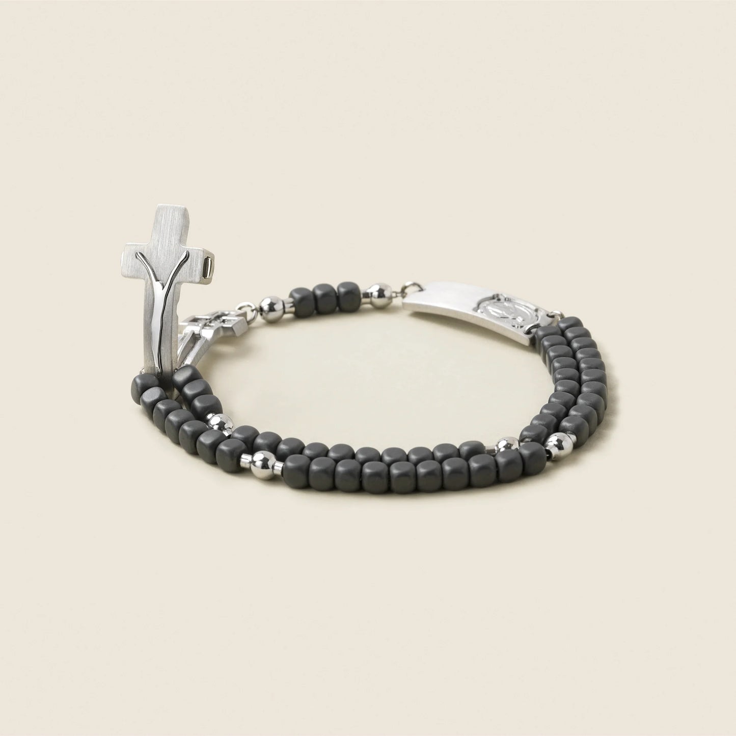 ROSALET® SQUARE MATTE HEMATITE BEADS, STERLING SILVER & ROUND PATER, MODERN