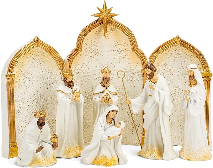 11" NATIVITY SET GOLD DOT IVORY WITH TRIPTYCH BACKDROP - Tiendita San Juditas 10"-12" Tiendita San Juditas