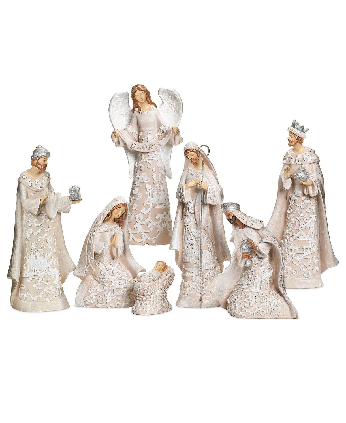 7-Pc Nativity Set W/ Angel Paper Cut Style 7.5"