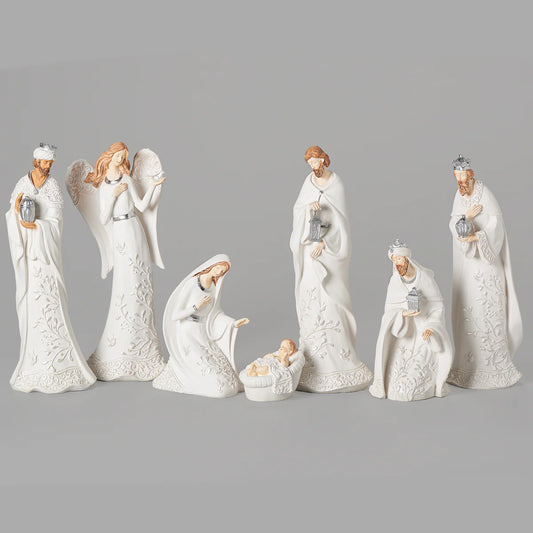 NATIVITY WHITE W/PEARL LEAF PATTERN- 7 PIECE SET