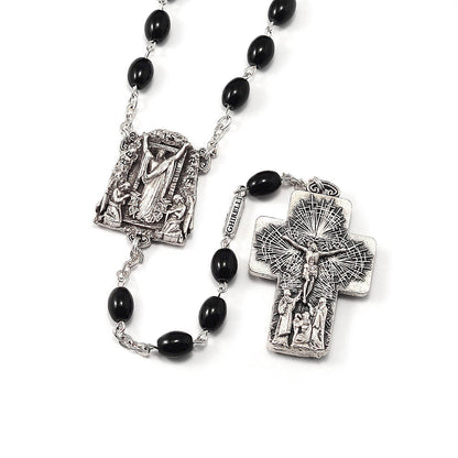 THE HOLY MASS ROSARY W/ OVAL GLASS BLACK BEADS