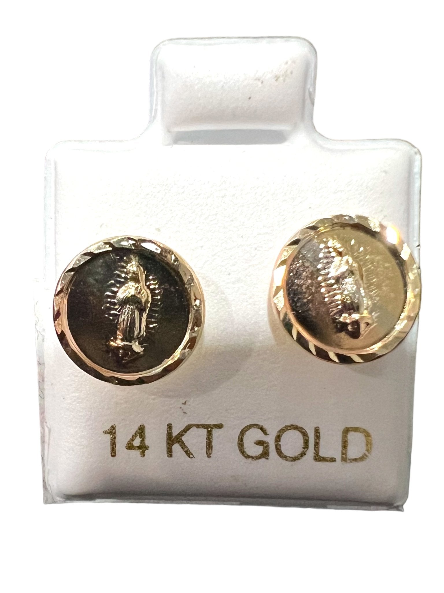 14K GOLD: OUR LADY OF GUADALUPE EARRINGS 10mm DIAMETER TRICOLOR - Tiendita San Juditas Tiendita San Juditas