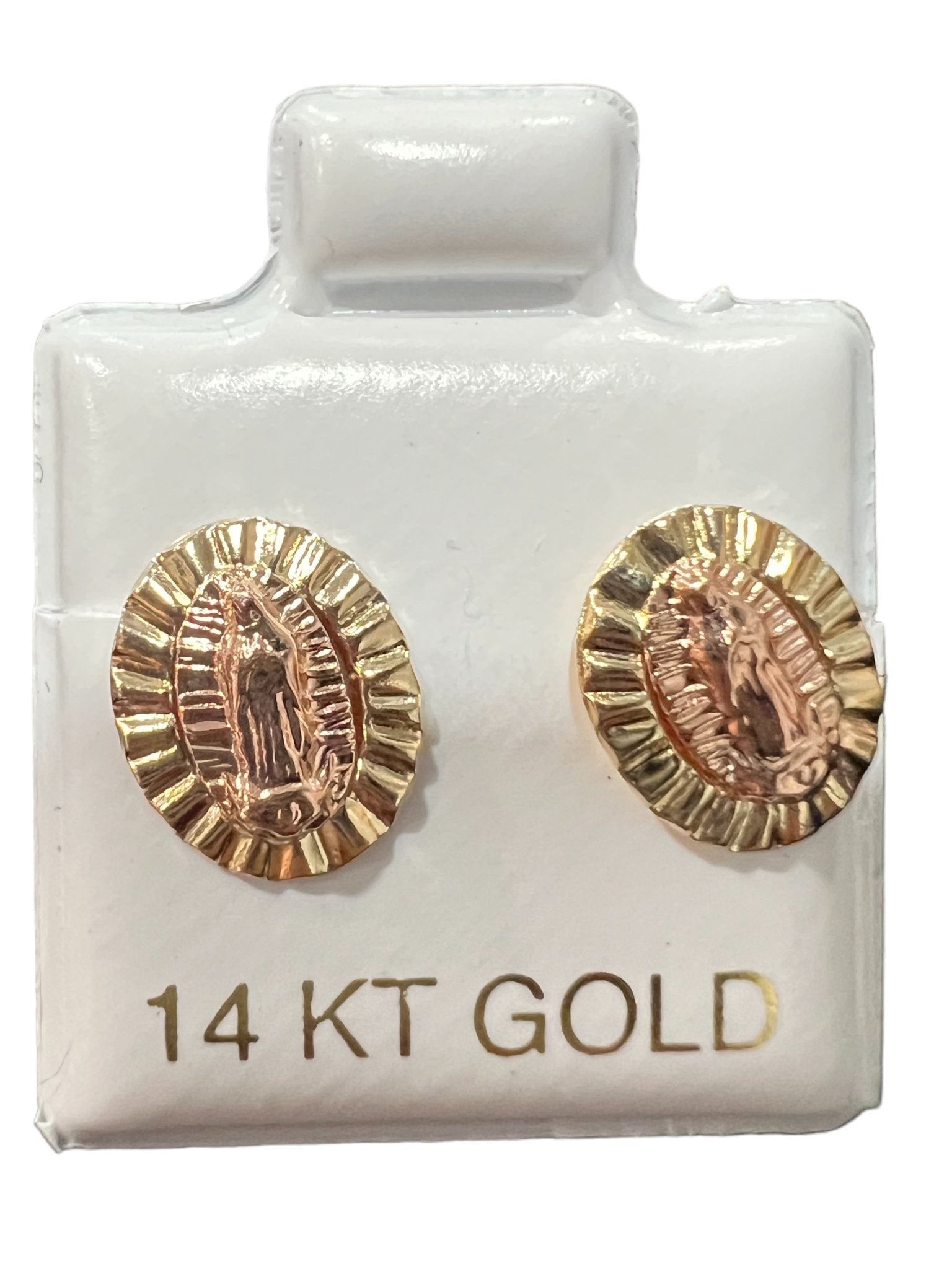 14K GOLD: OUR LADY OF GUADALUPE EARRINGS 2-TONED OVAL 10mm x 8mm - Tiendita San Juditas Tiendita San Juditas