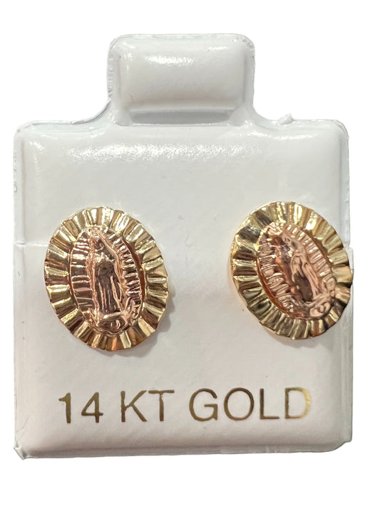 14K GOLD: OUR LADY OF GUADALUPE EARRINGS 2-TONED OVAL 10mm x 8mm - Tiendita San Juditas Tiendita San Juditas