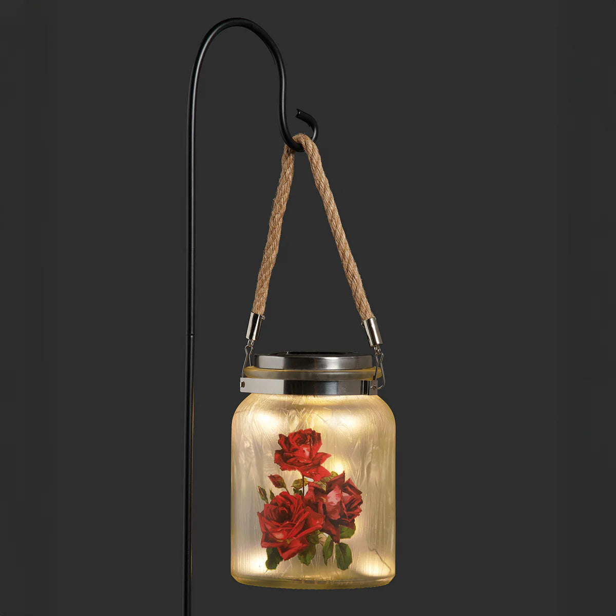 6.5"H LED ROSES GLASS JAR SOLAR WITH 30" STAKE