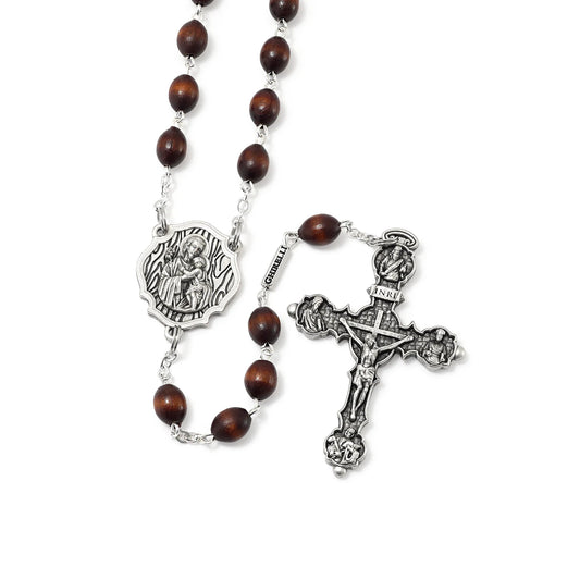 ST. JOSEPH ROSARY IN SILVER WITH ITALIAN WOODEN BEADS