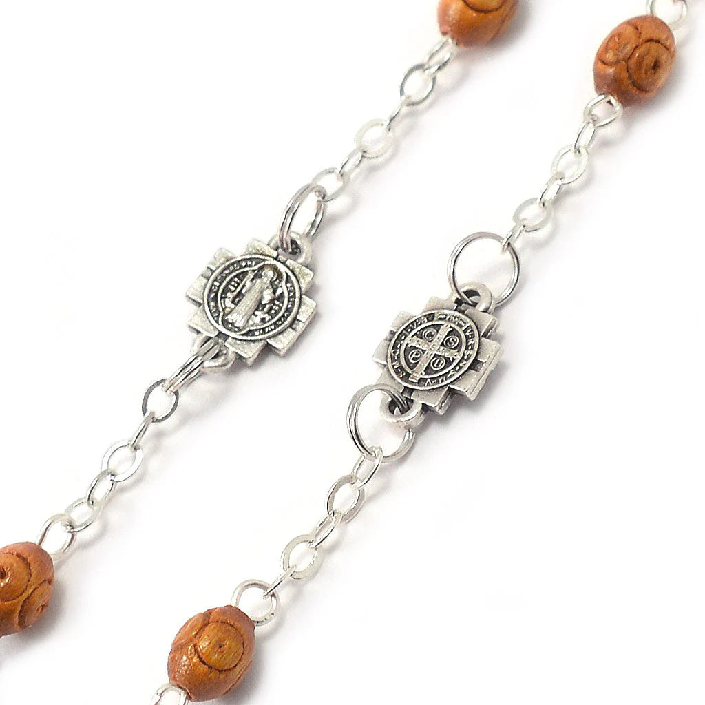 ST BENEDICT BOOKLET ROSARY W/ITALIAN WOOD BEADS & SILVER