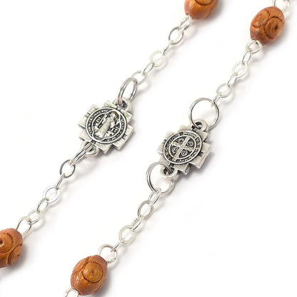 ST BENEDICT BOOKLET ROSARY W/ITALIAN WOOD BEADS & SILVER