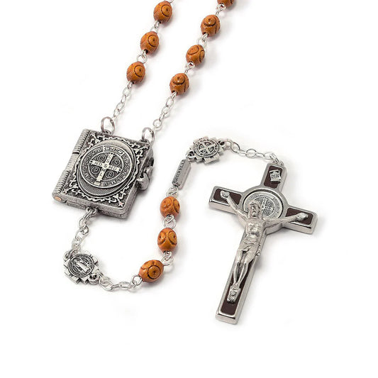 ST BENEDICT BOOKLET ROSARY W/ITALIAN WOOD BEADS & SILVER