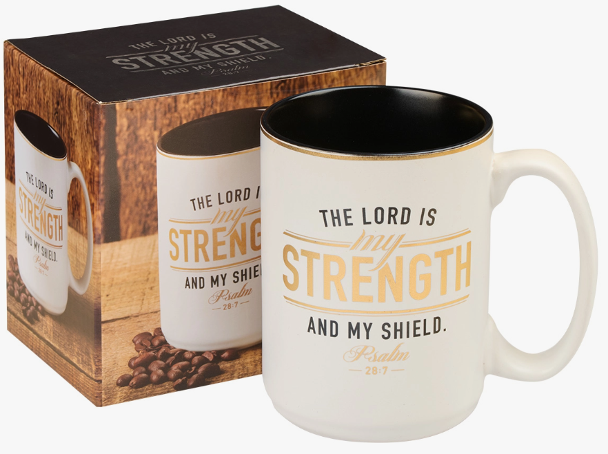 STRENGTH AND SHIELD WHITE/BLACK CERAMIC COFFEE MUG