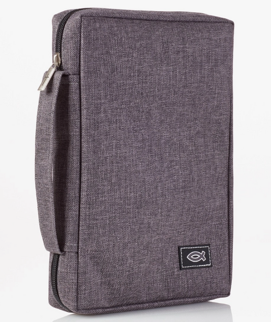 GRAY POLY-CANVAS BIBLE COVER W/ICHTHUS (FISH) BADGE