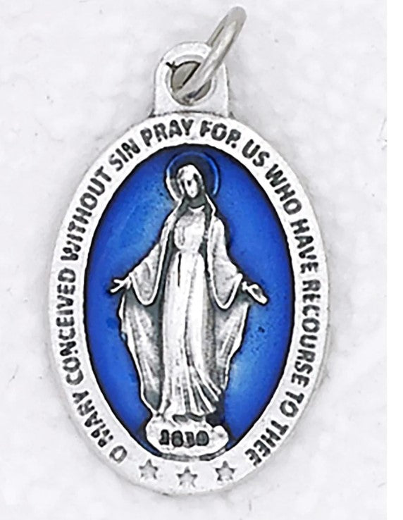 OXIDIZED ITALIAN MEDAL: BLUE ENAMELED 1"H: OUR LADY OF MIRACULOUS MEDAL