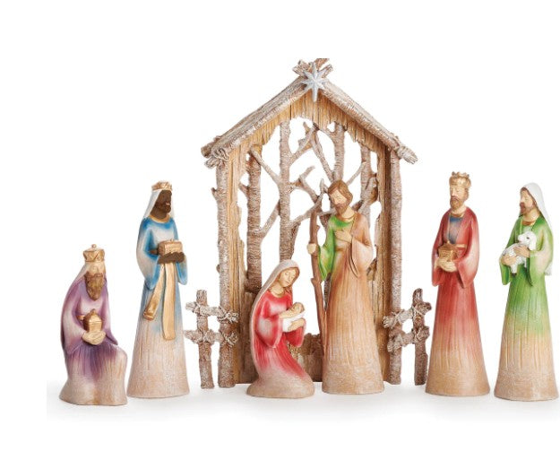 9.5"H 7 PIECE SET NATIVITY W/BIRCH BACKDROP