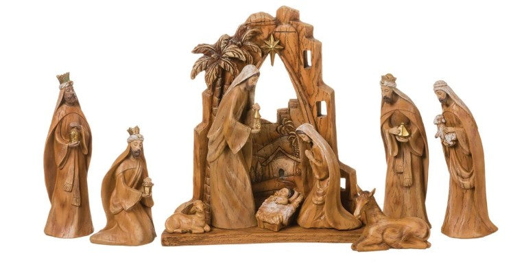 10-Pc Faux Carved Wood Nativity Set W/ Backdrop