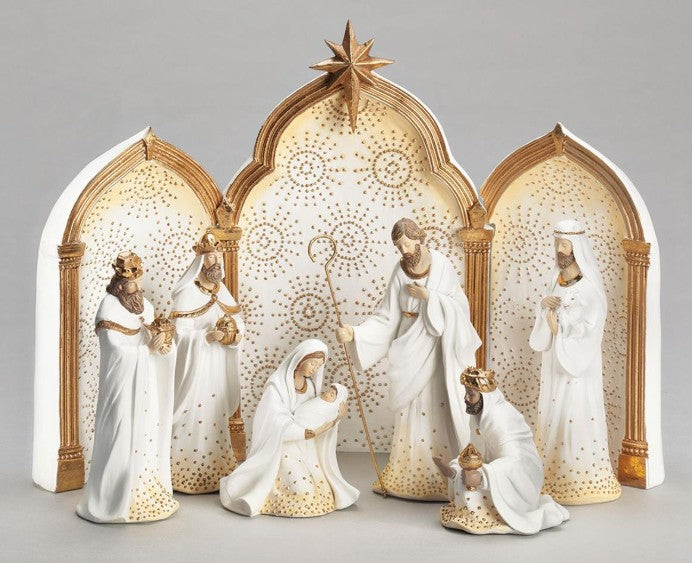 11.5" NATIVITY SET GOLD DOT IVORY WITH TRIPTYCH BACKDROP