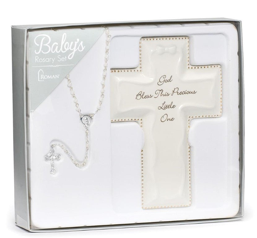 WHITE CROSS & ROSARY SET