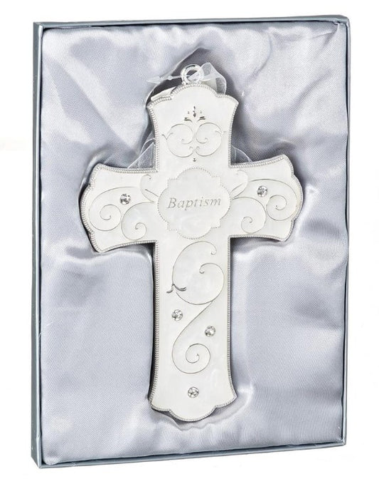BAPTISM CROSS WHITE & SILVER TRIM FRAME