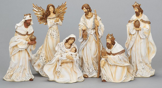 IVORY NATIVITY SET W/GOLD TRIM & PATTERNED ROBES