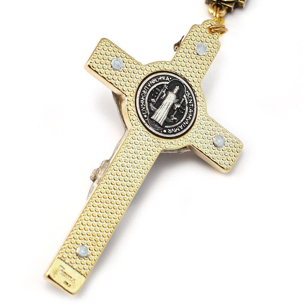 ST BENEDICT BOOKLET ROSARY W/ITALIAN WOOD BEADS & GOLD